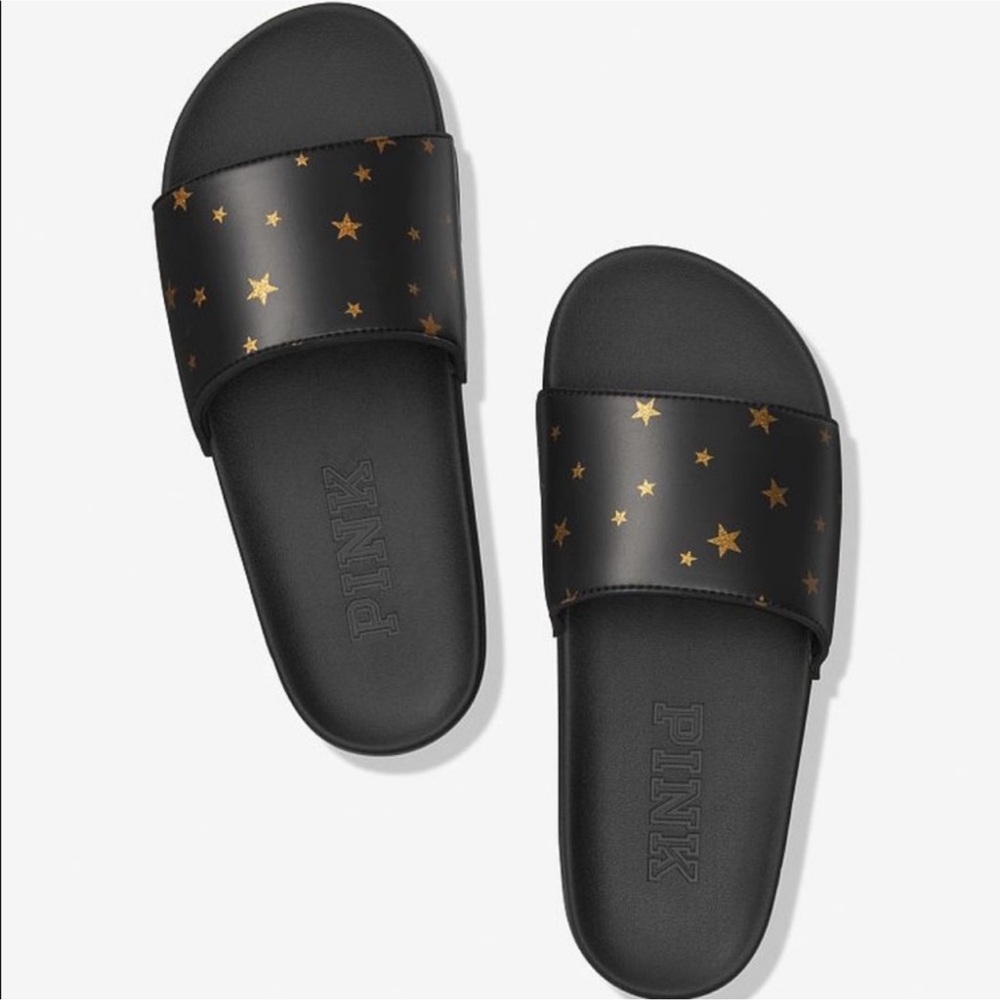 NWT VS PINK Black Slides with Gold Stars